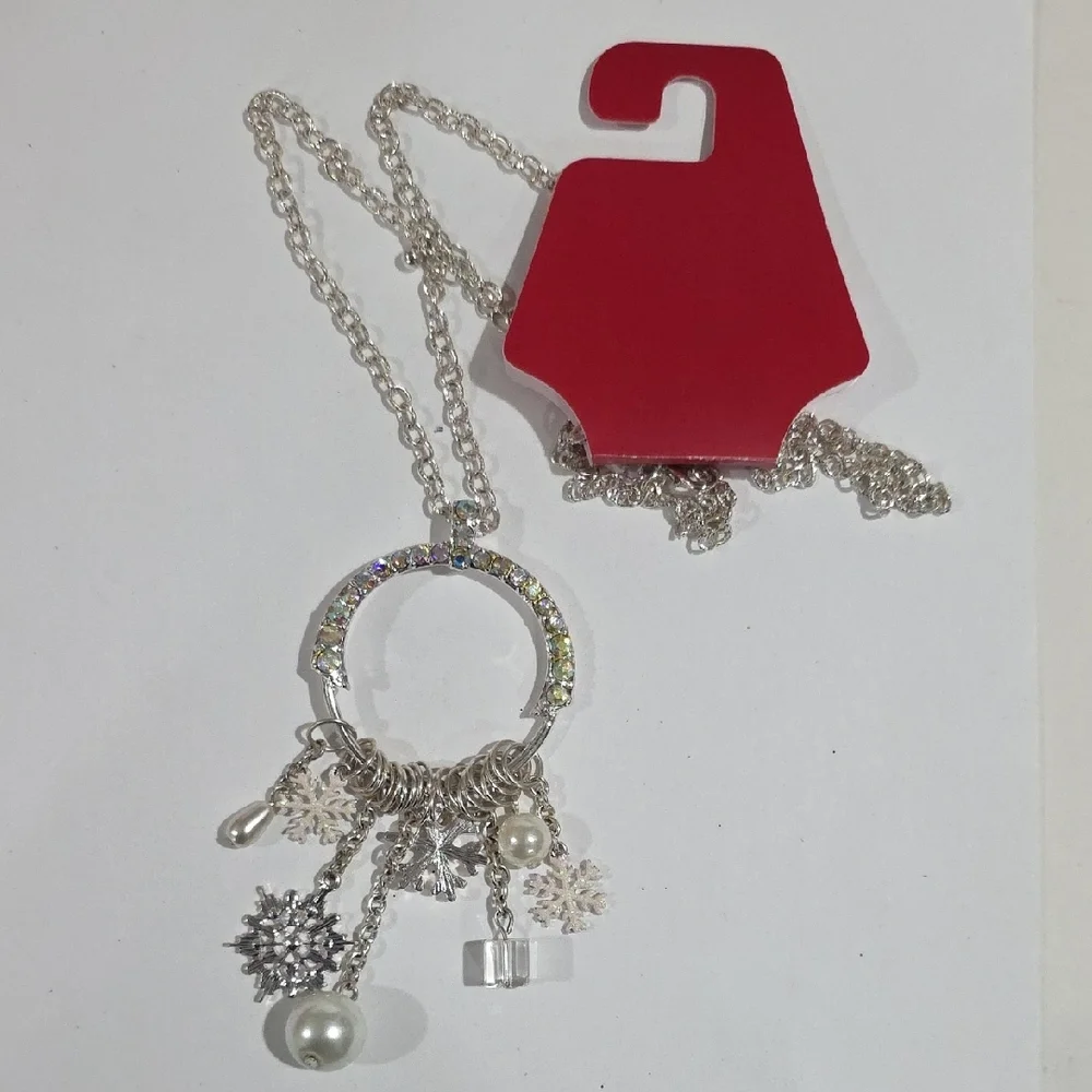 Silver Pendant Necklace – Iridescent Halo Circle - Snowflake, Pearl & Gift Charm
